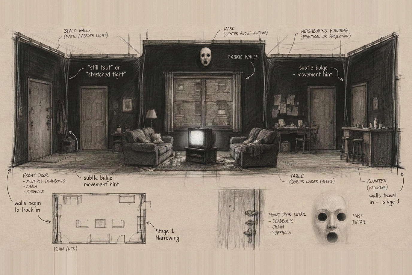 Set design concept sketch — The Apartment, Walls track in — stage 1