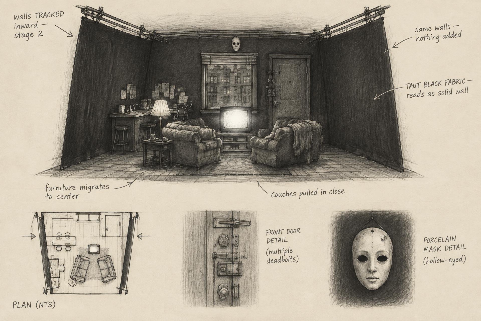 Set design concept sketch — The Apartment, Walls track in — stage 2