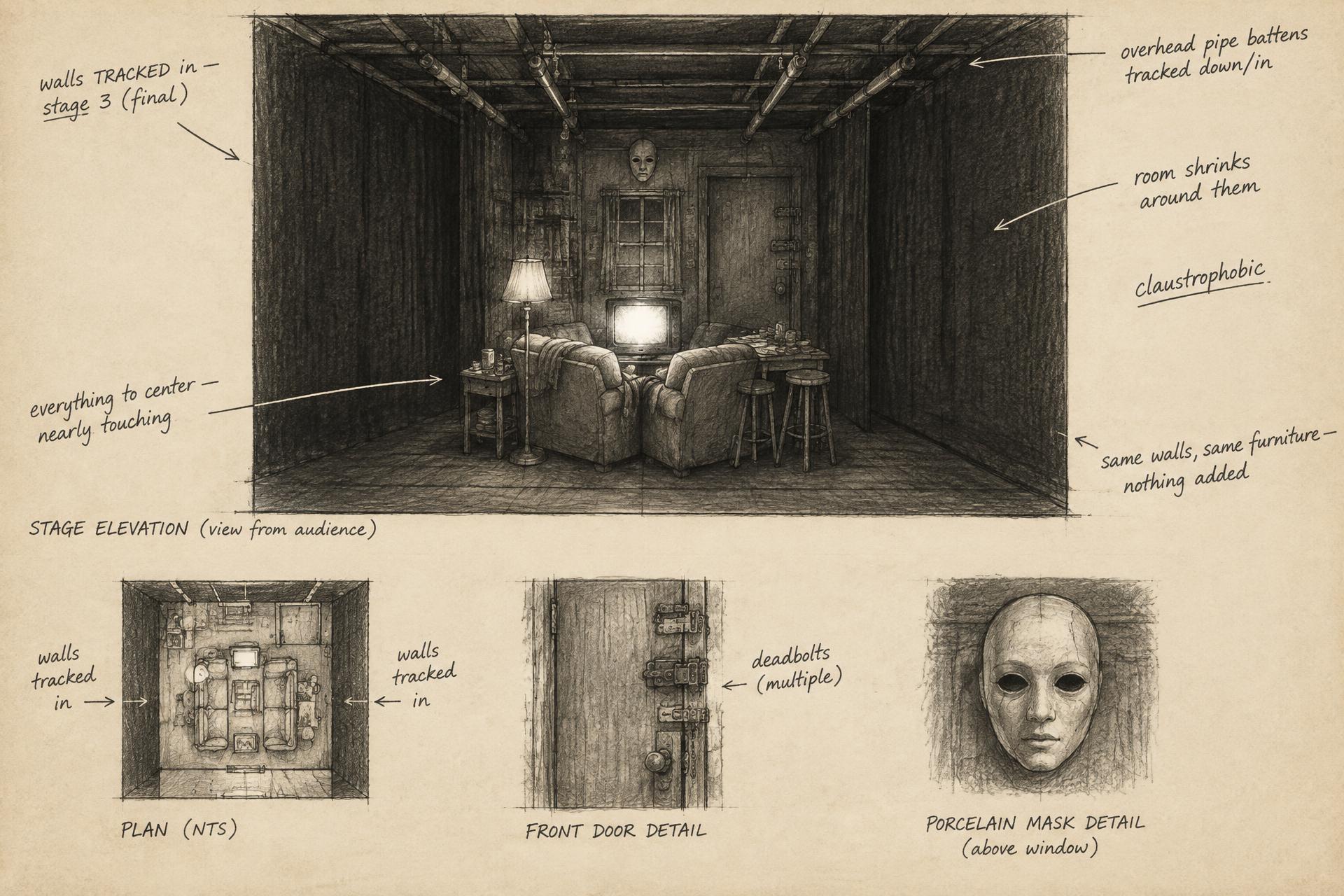 Set design concept sketch — The Apartment, Walls track in — stage 3